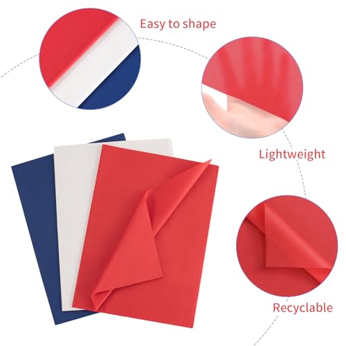 Image of Simetufy 115 Sheets Red White & Blue Tissue Paper for Flag Day Gift Bags | 14x20 Wrapping Tissue Paper Bulk for Gift Bags Packaging, Patriotic or Independence Day, Birthday, DIY Crafts