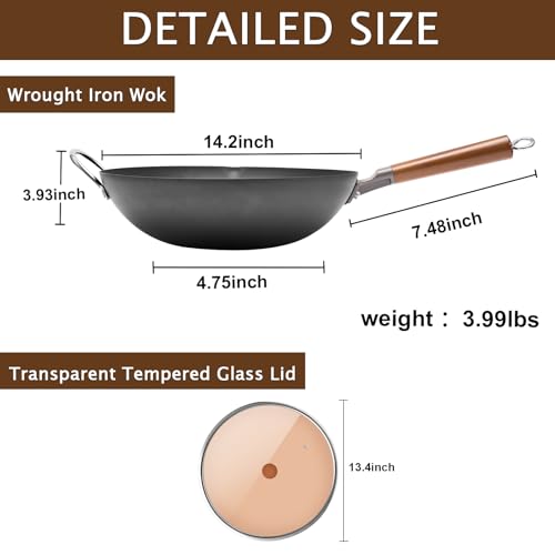 WANGYUANJI Iron Wok,14.2 inch Woks for Stir-fry, Chinese Stir Fry Pan Uncoated, Traditional Flat Bottom Iron Pot for Induction, Electric, Gas, Suitable for All Stoves(Pure Iron Wok)
