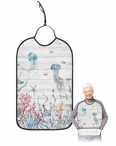 Ocean Jellyfish Adult Bib for Adults Men, Women, Sea Coral Seaweed Starfish Woodgrain Washable & Adjustable Terry Cloth Bib with Crumb Catcher Reusable Waterproof Clothing Clothes Protector Apron