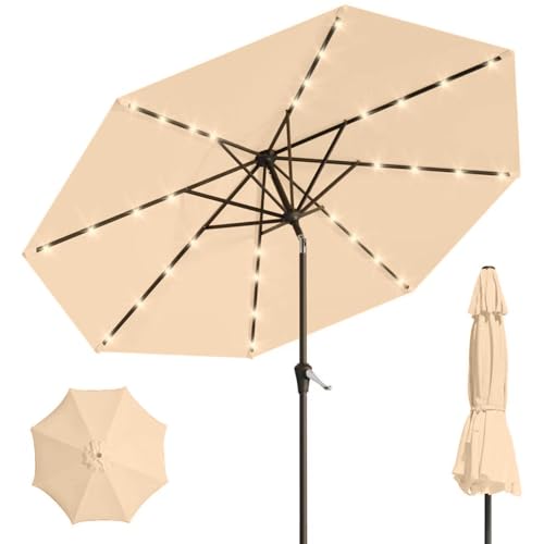 Image of 9' Solar LED Patio Umbrella with Tilt & Crank|8 Sturdy Ribs,UV Protection,Outdoor Market Table Umbrella for Deck,Lawn,Pool,Backyard (Khaki)