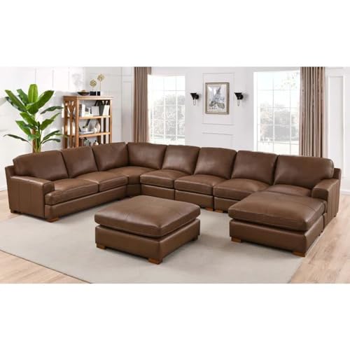 Image of Furni Leatherette ushape 10 Seater Classic and Comfortable with Puffy Dark Brown Sofa Set for Living Room (LHS).