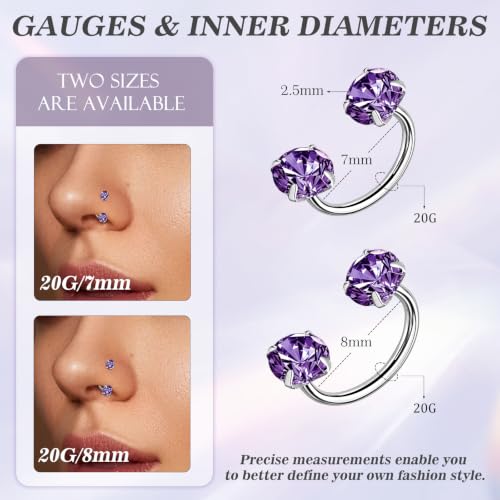 ONESING 20G Horseshoe Nose Rings for Women Stianless Steel Double Gem Nose Rings Hoops Push in Cartilage Helix Tragus Horse shoe Nose Jewelry Hypoallergenic Threadless Nostril Piercing Jewelry for Women Men Silver-Light Purple CZ inner 7mm/8mm by ONESING - Used condition - Image 2