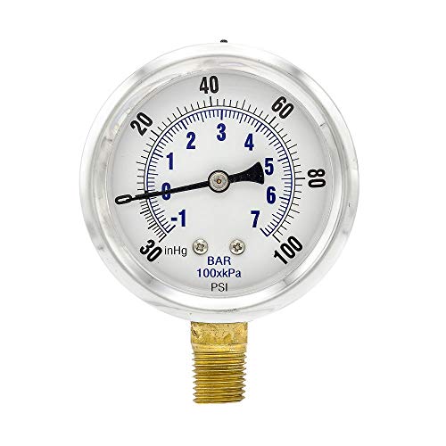 Pic Gauges Pro-201L-254Ce 30-0-100 Psi Pressure Gauge, 2 1/2" Dial, 1/4" Male Npt Connection, Bottom Mount, Dual Scale, Glycerin Filled, Stainless Steel Case/Bezel, Brass Internals & Plastic Lens #TOP1