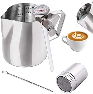 WXJ13 Milk Jug 350ml/12OZ, Stainless Steel Milk Frothing Pitcher, Milk Thermometer with Clip, Powder Shaker with Lid and Latte Art Pen for Hot Chocolate Cappuccino Coffee Latte Art Maker