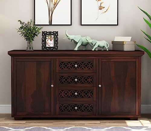 Image of Solid Sheesham Wood Wooden Sideboard Storage Cabinet : Ideal for Living Room and Bedroom with 4 Drawers and 4-Shelf Storage (Cambrey, Walnut Finish)