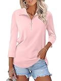 TICTICMISS Women's 3/4 Length Sleeve Tops Collared V Neck T Shirts Polo Zipper Summer Shirts