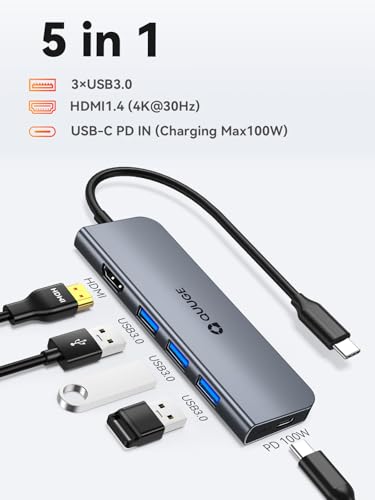 USB C Hub, QUUGE 5in1 USB C HDMI Adapter with 4K@30HZ HDMI, 100W PD, 3×USB A 3.0 Ports, Aluminum Ultra Slim Hub for Switch, MacBook Air/Pro, Galaxy S/Z/Note Series & More. - image 2