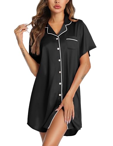 Image of Senert Satin Nightgown for Women Button Down Sleep Shirt Short Sleeve Sleepwear Pajama Dress Boyfriend Nightshirt S-XXL