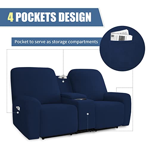 Image of Easy-Going Stretch Recliner Loveseat Cover with Center Console Sofa Slipcover Soft Fitted Fleece 2 Seats Couch with Cup Holder and Storage Washable Furniture Protector Navy