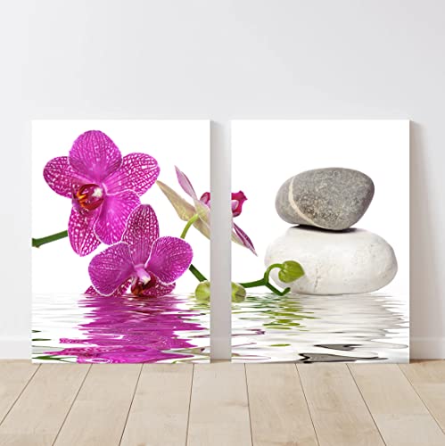 Modern 2 Panel Zen Bathroom Decor Stones Orchids Pictures Prints On Canvas Wall Art Nature Still Life Photography For Home Office Spa Yoga Calming, Relaxing Decorative Artwork For Living Room Bedroom #TOP6