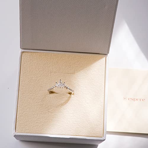 Espere Rhodium Plated Sterling Silver Tiara & Crown Dainty Curved Wedding Band Ring Marquise Cut 3-Stone V Arched Promise Ring Size 4 #TOP5