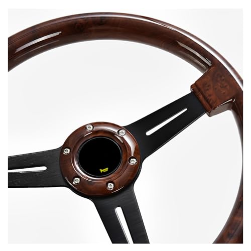 NTING 14" Classic Wood Grain Steering Wheel Riveted Light Wood Grip, Universal Automotive Steering Wheels Slotted 3 Spoke with Horn Button, 350mm 14inch Black