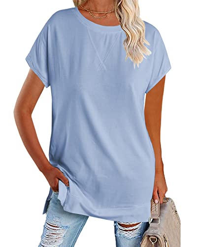 Zeraly Women's Round Neck Solid Color T-Shirt Side Slit