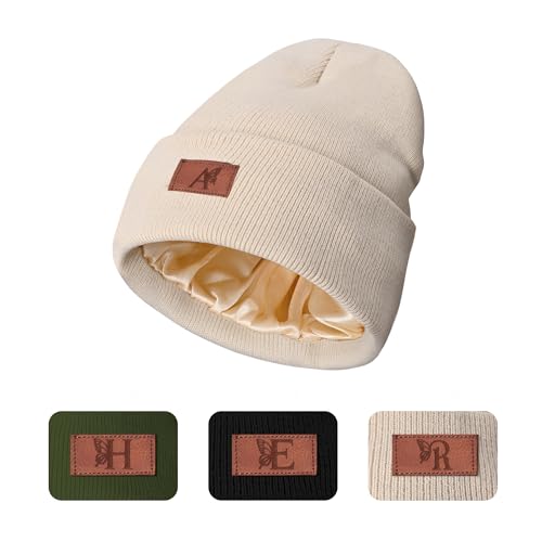 COSHAYSOO Personalized Valentines Cozy Gifts for Women Friend Teacher Mom Sister Birthday, Womens Satin Lined Beanies Warm Knit Hats Woman Winter Fashion Accessories Initial Letter A Cream