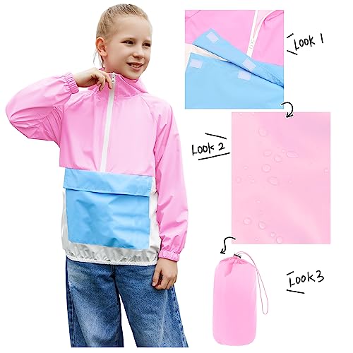 Image of MODAFANS Girls Boys Rain Jacket Lightweight Waterproof Packable Hooded Half zip RainCoats Windbreaker for Outdoor 4-13Year