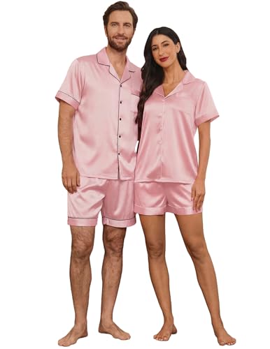 Image of Ekouaer Couple Matching Pajamas Sets Silk Short Sleeve Button Down Sleepwear Satin Pjs Shorts Set Soft Loungewear S-XXL