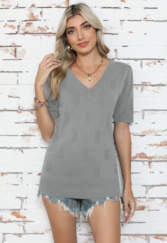 Image of Yincro Womens Short Sleeve Sweaters Fall Summer Tops V Neck Lightweight Knit Pullovers