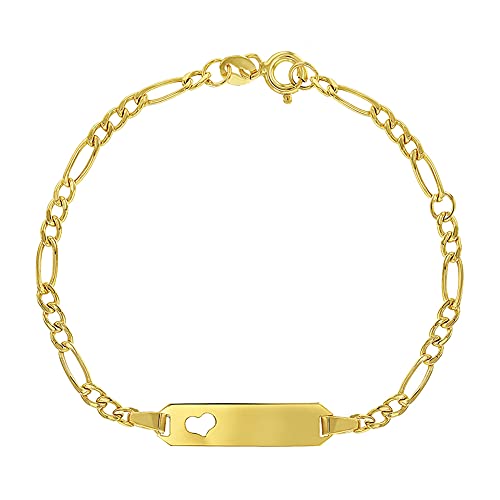 14k Yellow Gold Unisex Adjustable Girls Name ID Bracelet Engravable Heart Tag - Figaro Link Chain Rectangular Name Plate Bracelets for Babies & Children4
