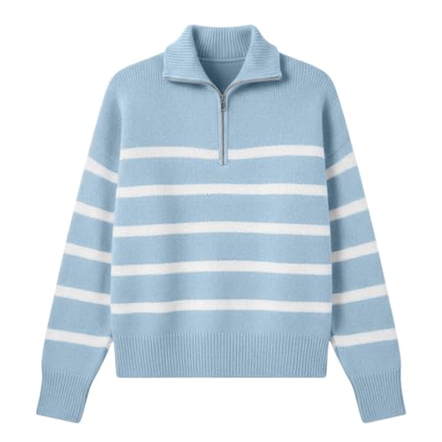 TRCELECTROP Striped Sweater Women Fall Collared Long Sleeve Loose Fit Half Zip Pullover Top Casual Winter Warm Knit Sweaters Blue - image 3