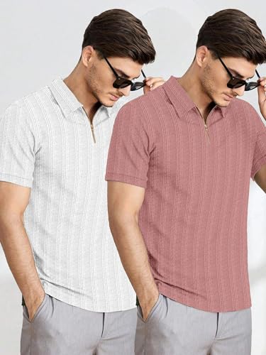Image of MiraMichi Men's Polycotton Short Sleeve Casual Polo Collar T-Shirt - Lightweight Breathable Classic Polo for Everyday Comfort & Style