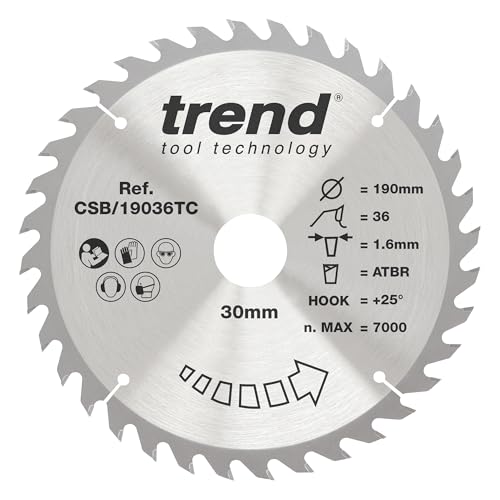 Trend Wood Cordless ATBR Circular Saw Blade, 190mm Diameter, 30mm Bore, 36 Teeth, 1.6mm Kerf, +25° Hook, TCT, Fine Finish, CSB/19036TC