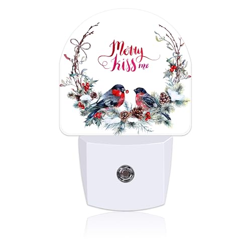 Image of Plug in Night Lights Watercolor Christmas Wreath with Bullfinches Nightlight Plug Into Wall Dusk to Dawn Sensor LED Night Light for Kid Girls Boys Room Decor,Hallway,Kitchen,Bathroom,Nursery