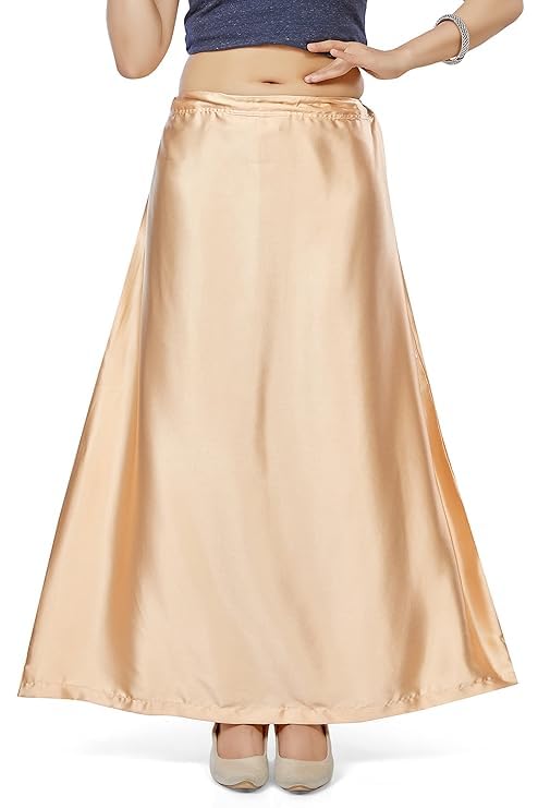 Khushboo Enterprise Satin Solid Silk Petticoat Underwear Skirt, Saree Shape Wear Dress, Free Size, Beige 38 Inches Long, Drawstring Waist3