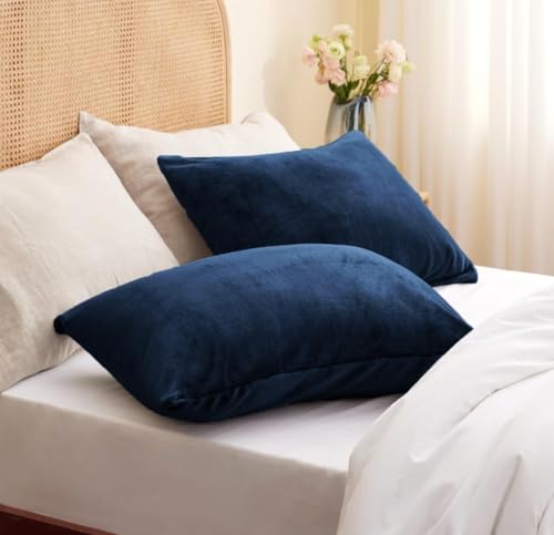 Image of Sands Premium Ultra Soft Woollen Pillow Cover Set of 2 for Winter with Zipper Closure, Cozy Pillow Case Perfect for Warmth, Flannel Warm Pillowcases, King size-18X28 Inches (Navy Blue)