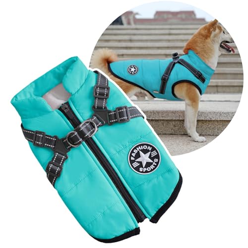 2 in 1 Large Dog Jacket with Harness, Outdoor Dog Sport Vest Harness, Warm Pet Winter Coat for Large Dogs, Aqua