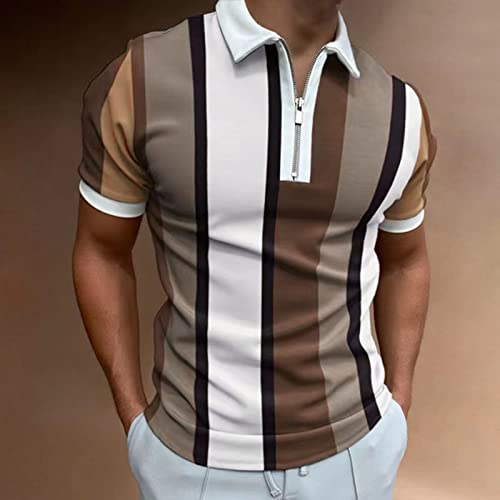 Men's Short Sleeve Polo Shirts Casual Golf Color Block T-Shirts Summer Pullover Tennis T-Shirt Tops(Coffee-G,Large) #TOP2