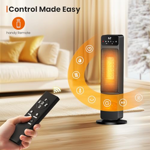 Tower Heater and Fan Combo, 1500W PTC Electric Fireplace Heater W/ 3D Flame, 90° Oscillation Space Heater Fan Combo for Indoor Use, Child Lock & Eco Mode, 12h Timer, Remote Control, Home & Office image 7