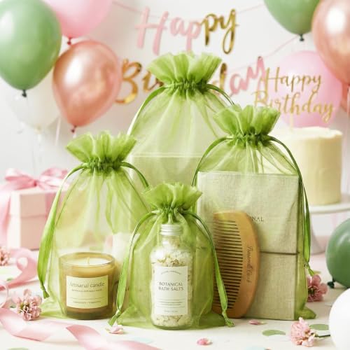 Image of FUNFERY 100PCS Green Organza Gift Bags 4x6in,Drawstring Pouch for Jewelry