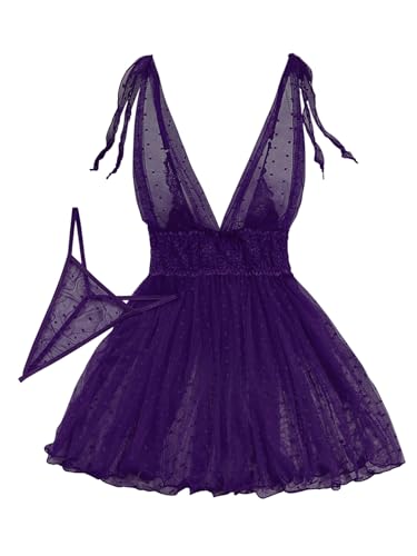 Image of Lilosy Sexy Polka Dots Mesh Sheer Lace Babydoll Chemise Lingerie Set Floral Sleep Wear