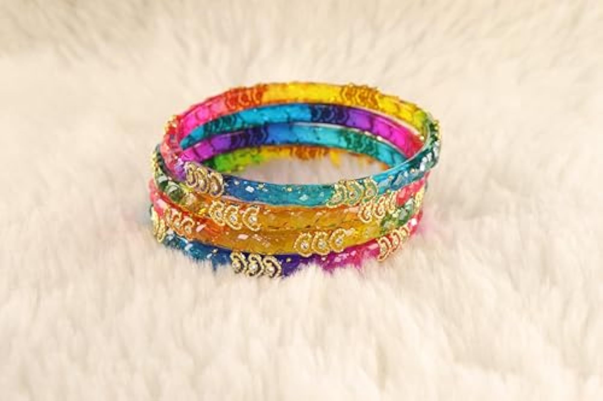 Stylish Glass Kada Set with Zircon Gemstone & Heart Shape Beads, Elegant Bangles