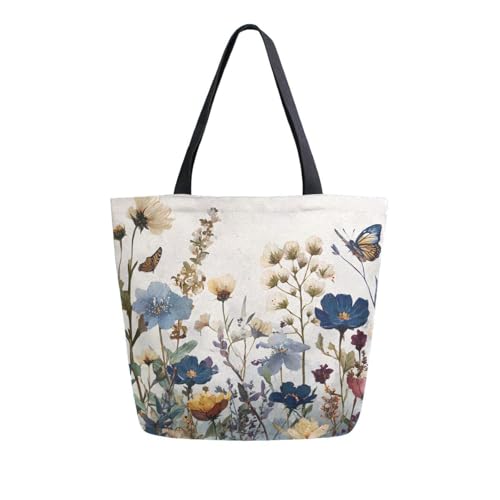 Extra Large Shoulder Tote Bag for Beach Travel Weekender Gym Vintage Wildflowers Butterfly Yellow Blue Watercolor Reusable Grocery Canvas Shopping Bag2