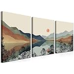 AKWISH Framed Mountain Canvas Wall Art Set of 3, Boho Watercolor Poster Prints Painting, Sun Forest Abstract Nature Landscape Artwork Wall Decor for Living Room, Bedroom, Office 12x16 In