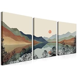 AKWISH Framed Mountain Canvas Wall Art Set of 3, Boho Watercolor Poster Prints Painting, Sun Forest Abstract Nature Landscape Artwork Wall Decor for Living Room, Bedroom, Office 12×16 In