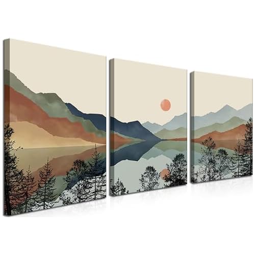 AKWISH Framed Mountain Canvas Wall Art Set of 3, Boho Watercolor Poster Prints Painting, Sun Forest Abstract Nature Landscape Artwork Wall Decor for Living Room, Bedroom, Office 12×16 In