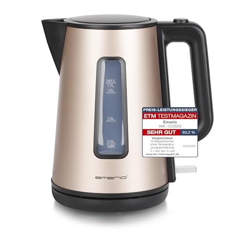 EMERIO WK-122829.8 - Hervidor de agua (doble pared, 1,7 L, edición satinada, 2200 W, apagado automático, protección contra sobrecalentamiento, inalámbrica a base de 360°, apertura de la tapa con solo