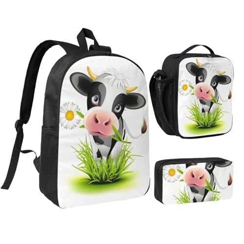 Sac à dos imprimé vache 3 en 1 cartable scolaire 43 cm avec trousse et sac repas