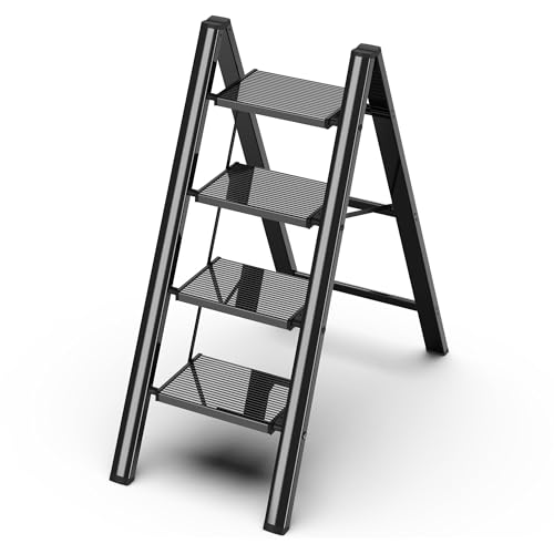 GameGem 4 Stufen Leiter, klappbarer Tritthocker mit breitem Anti-Rutsch-Pedal, leichtes und dennoch stabiles Aluminiummaterial, 150 kg Tragkraft, hübsches, modernes Aussehen für den Innenbereich