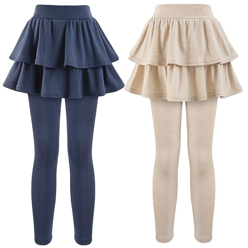 GUOGUOWU Girls School Uniform Pants Leggings with Skirts Stretch Warm Jegging 4-12 Years Navy Blue Khaki 2-Pack 9-10 Years