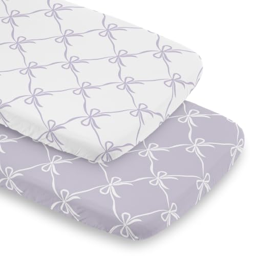 Image of Sweet Jojo Designs 2-Piece Baby Bassinet Sheets Set (White and Purple Bows) for Girls, Infant Newborn Nursery, Oval, Rectangle & Hourglass Mattress (Princess, Lavender Bow, Vintage Coquette Aesthetic)