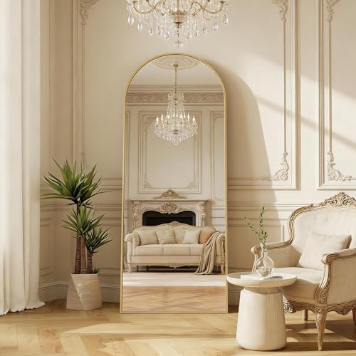 PerGar Miroir Pleine Longueur, Grand Arc, Suspendu ou appuyé sur Le Mur, Miroir sur Pied avec Support, pour Chambre à Coucher, Salon, Garde-Robe (doré, 164 x 54 cm)