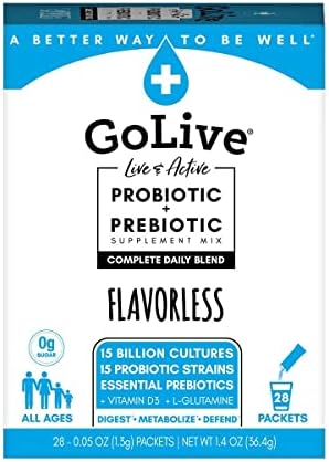 GoLive Probiotics & Prebiotics FLAVORLESS/SUGARLESS Synbiotic Powder, Probiotics + Prebiotics for Women, Men & Kids +15 Billion CFUs, 15 Clinical Strains for Immune & Digestive Health. 28's pack