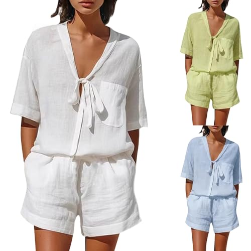 Conjuntos de lino para mujer: ropa de verano de dos piezas con pantalón corto