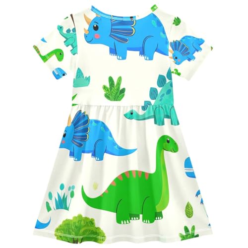 Girls Summer Cartoon Dinosaur Dress Toddler Cute Short Sleeve Sundress UPF50 Plus Playwear Outfits 2T-8T2
