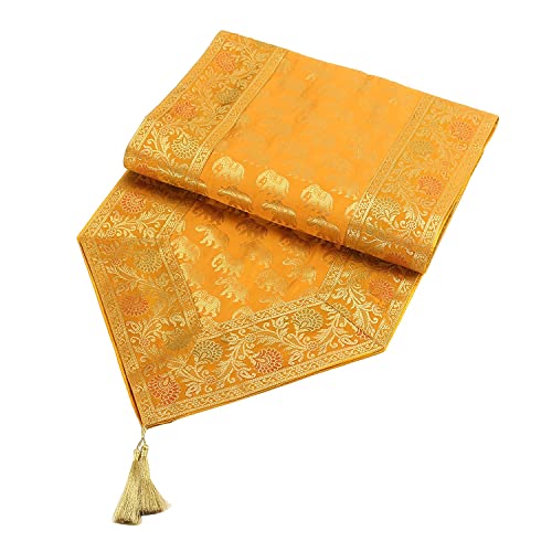 Image of Traditional Brocade Silk Table Runner for Living Room 4 to 6 Seater Dining Table Runner Elephant End Tassels 14x80 Inches (Mustard Yellow)