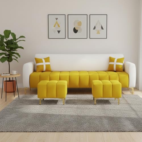 Image of Melody 3 Seater Modular L Shape Sofa Set with 2 Ottoman| Soft Velvet Upholstery, Sturdy Wooden Frame | Modern Sofa for Living Room, Hall & Office Spaces (Yellow-Light Grey)