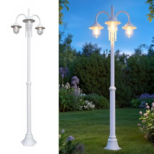 Planetitaly Lampione da Giardino a 3 Luci E27, Altezza Regolabile 200cm, Design Vintage a Lanterna, Impermeabile IP54, Struttura Telescopica per Esterno, Vialetto, Cortile, Alimentazione 230V (Bianco)